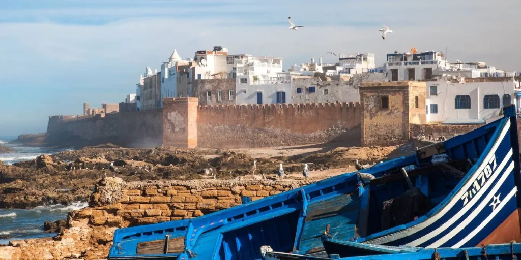 Essaouira Medina and historic city walls viewed from the fishing port in Morocco